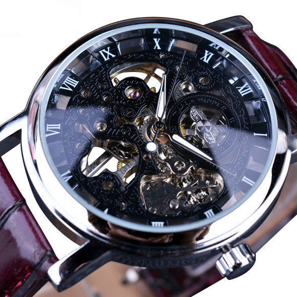 Men Luxury Transparent Mechanical Hand-winding Skeleton Wrist Watch Leather Band