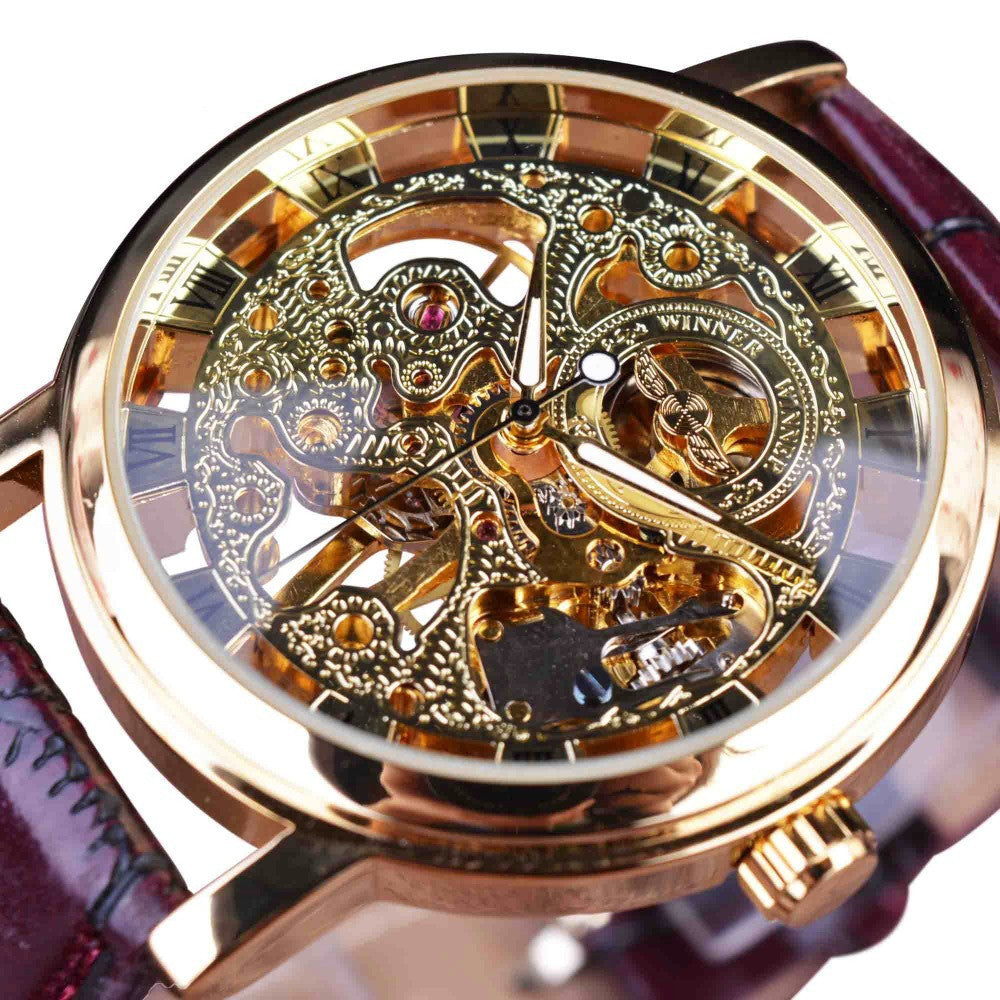 Men Luxury Transparent Mechanical Hand-winding Skeleton Wrist Watch Leather Band
