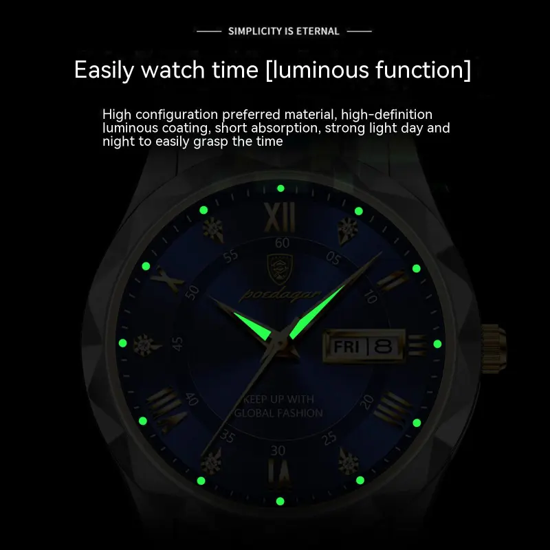 Stylish Men's Watch – Waterproof, Glow-in-the-Dark, Day & Date"