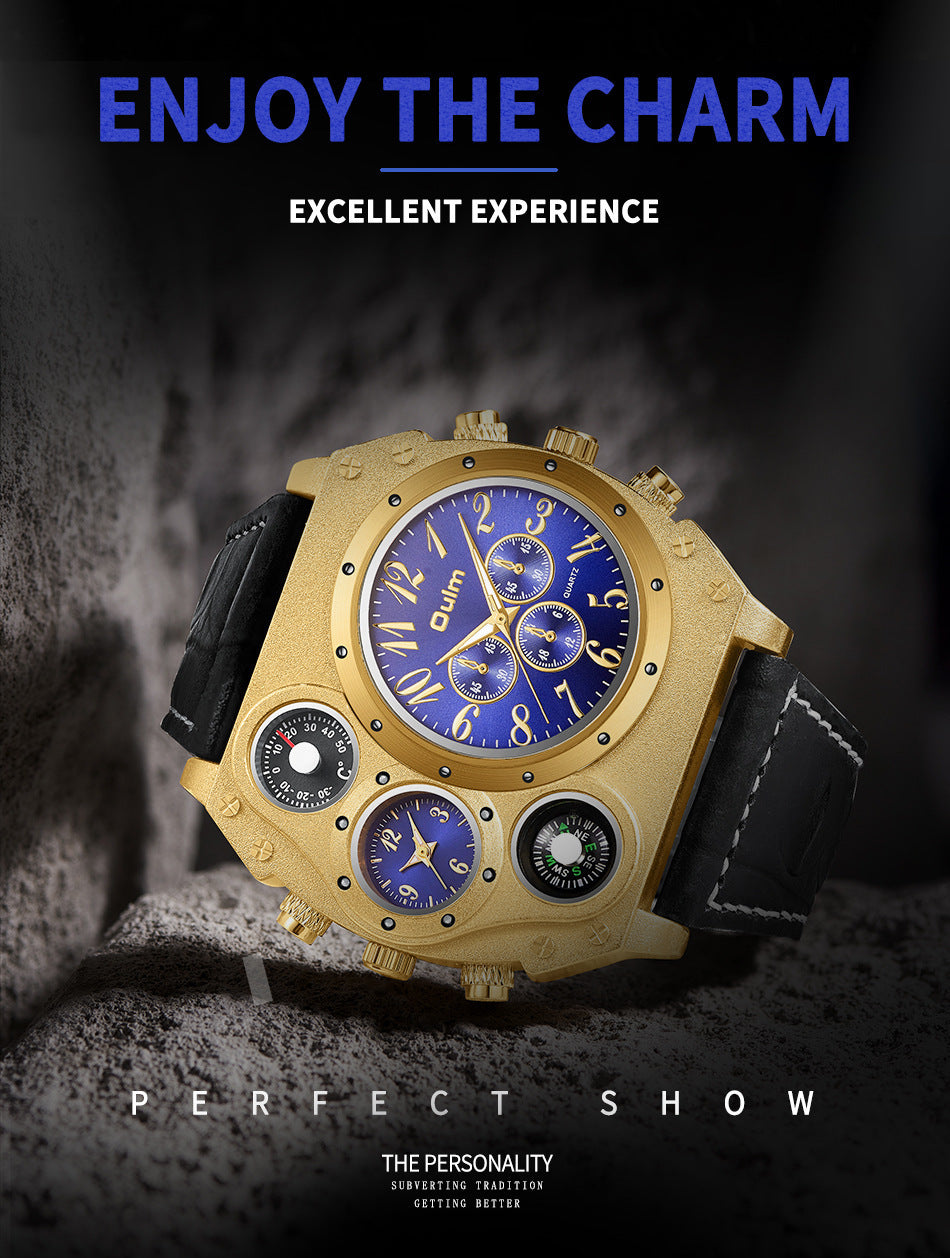 Luxury Mens Analog Quartz Sport Watch Leather Band Dual Time Zones Compass