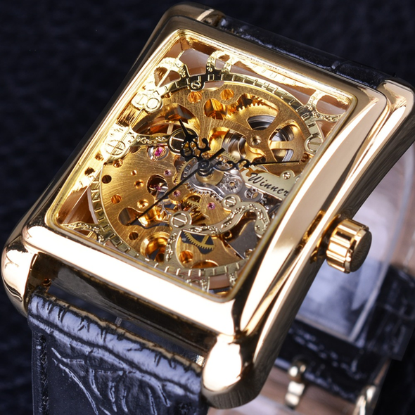 Luxury Automatic Skeleton Watch for Men – Square Gold Mechanical Watch | No Battery, Premium Leather Strap