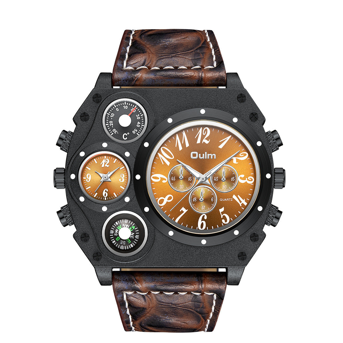 Luxury Mens Analog Quartz Sport Watch Leather Band Dual Time Zones Compass