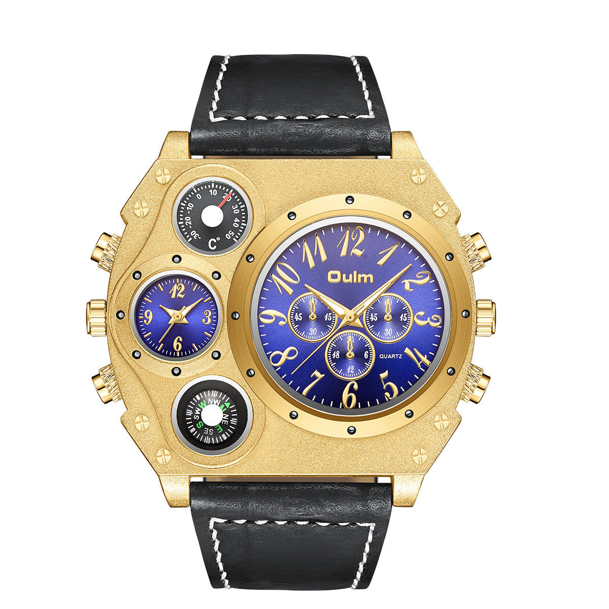 Luxury Mens Analog Quartz Sport Watch Leather Band Dual Time Zones Compass
