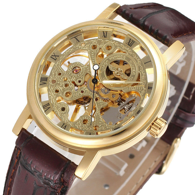 Men Luxury Transparent Mechanical Hand-winding Skeleton Wrist Watch Leather Band