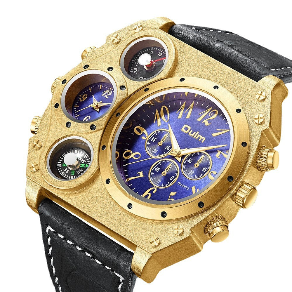 Luxury Mens Analog Quartz Sport Watch Leather Band Dual Time Zones Compass