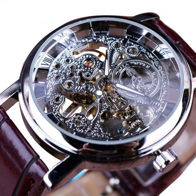 Men Luxury Transparent Mechanical Hand-winding Skeleton Wrist Watch Leather Band