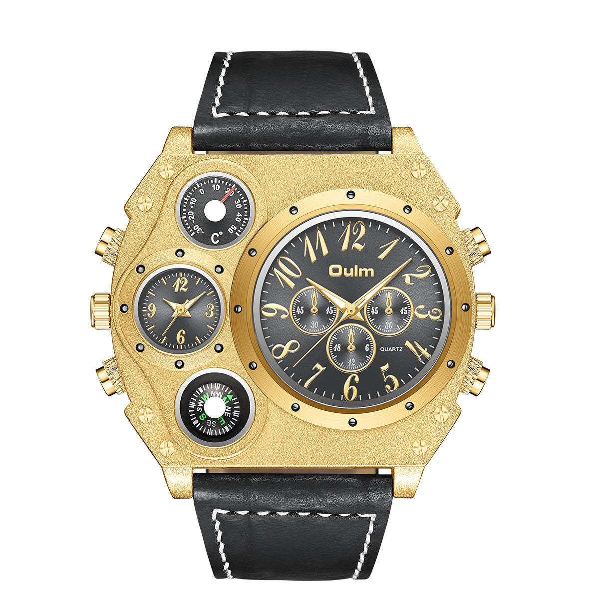 Luxury Mens Analog Quartz Sport Watch Leather Band Dual Time Zones Compass