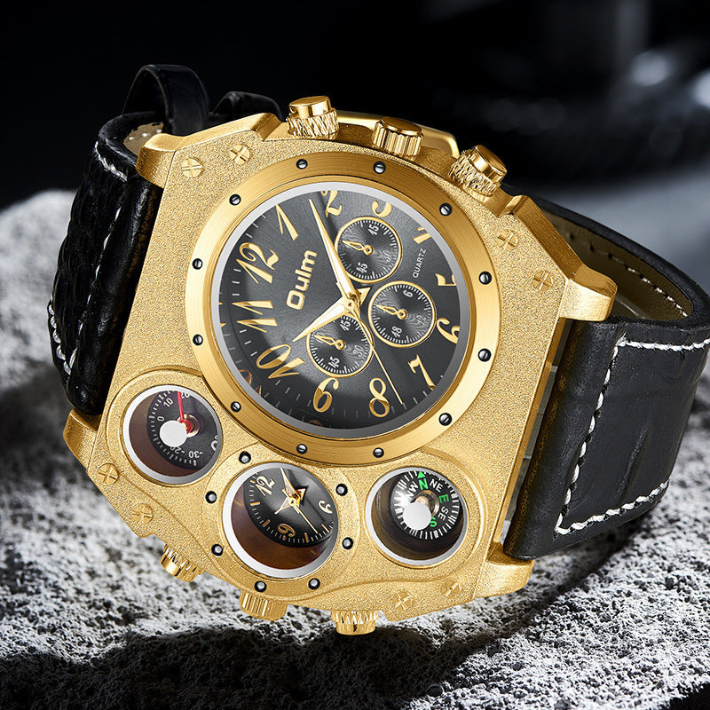 Luxury Mens Analog Quartz Sport Watch Leather Band Dual Time Zones Compass