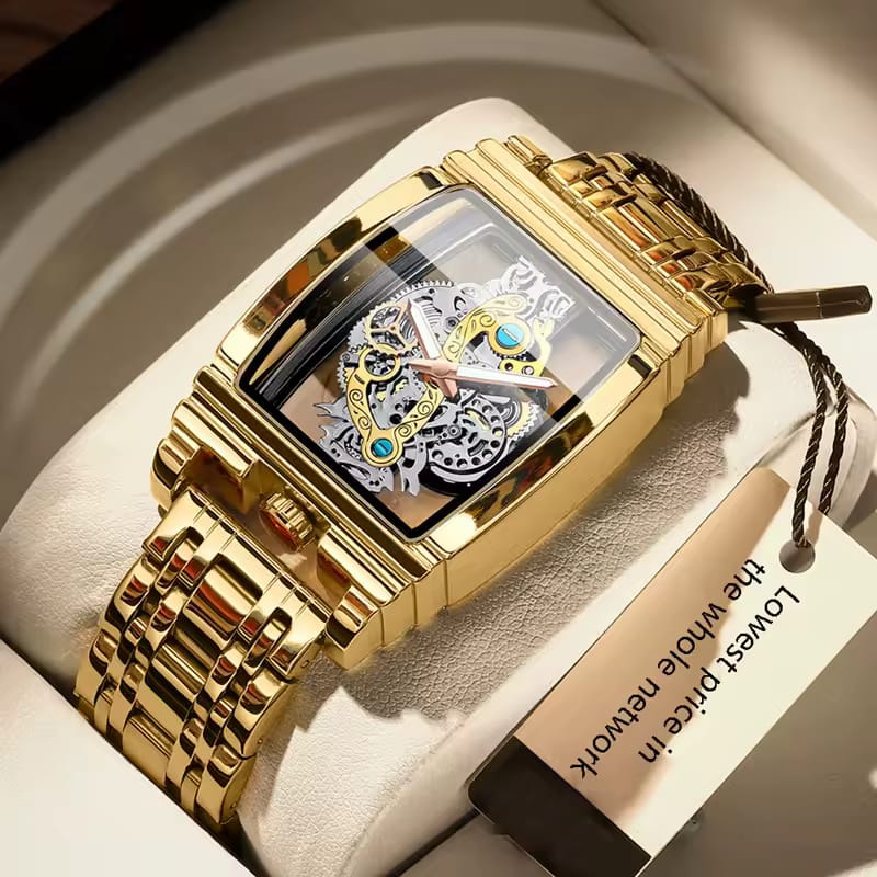New Fashion Double Sided Hollowed Out Transparent Watch Men Luxury Gold Watches Full Steel