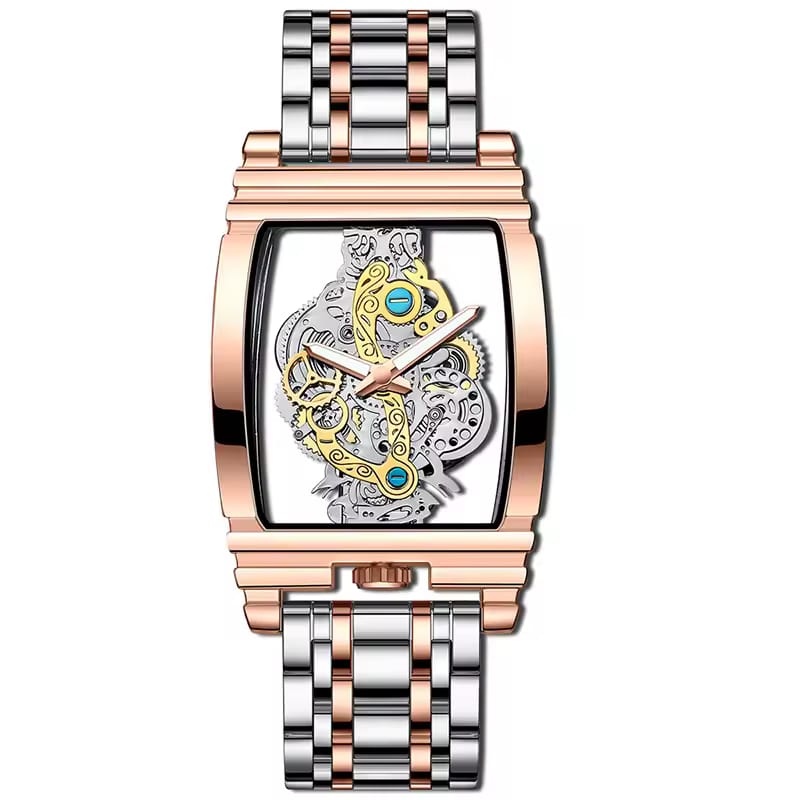 New Fashion Double Sided Hollowed Out Transparent Watch Men Luxury Gold Watches Full Steel