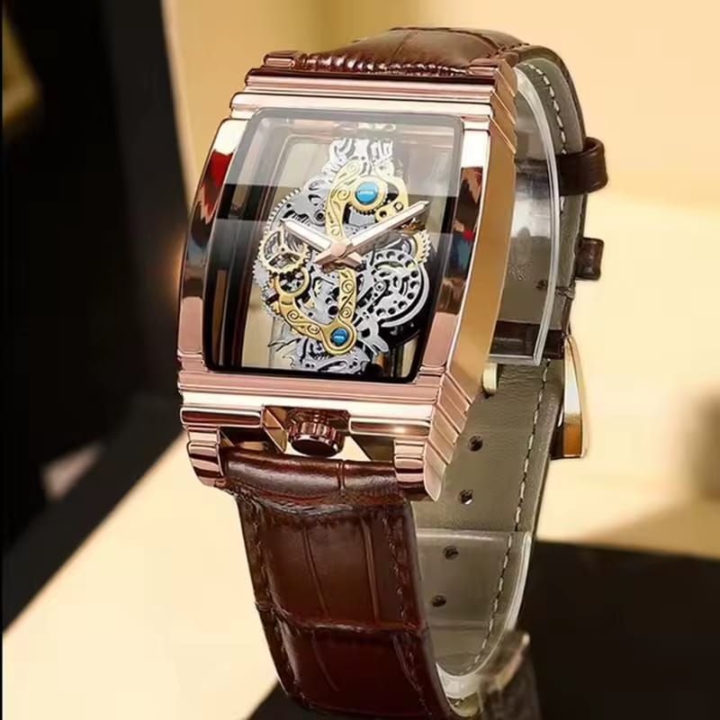 New Fashion Double Sided Hollowed Out Transparent Watch Men Luxury Gold Watches Full Steel