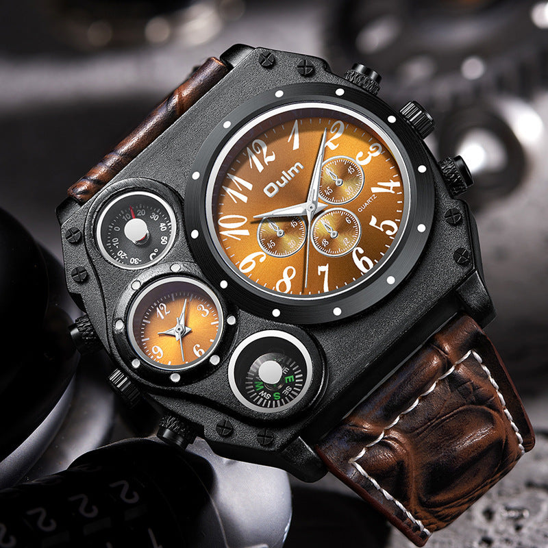 Luxury Mens Analog Quartz Sport Watch Leather Band Dual Time Zones Compass