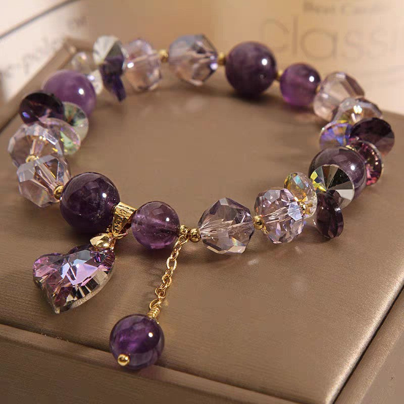 Purple Heart Crystal Bracelet Fashion Elegant Jewelry featuring amethyst and sparkling crystals on a golden chain.