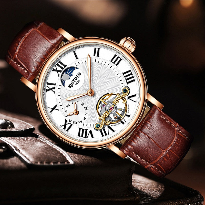 Luxury Automatic Mechanical Men’s Watch – Classic Skeleton Dial with Roman Numerals &amp; Leather Strap
