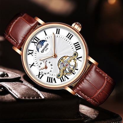 Luxury Automatic Mechanical Men’s Watch – Classic Skeleton Dial with Roman Numerals &amp; Leather Strap