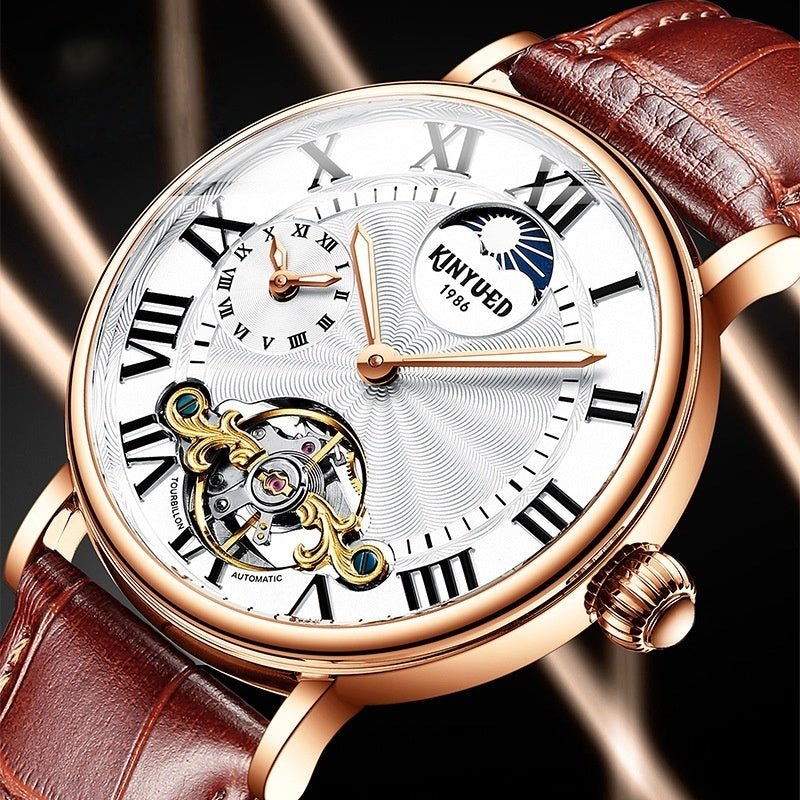 Luxury Automatic Mechanical Men’s Watch – Classic Skeleton Dial with Roman Numerals &amp; Leather Strap