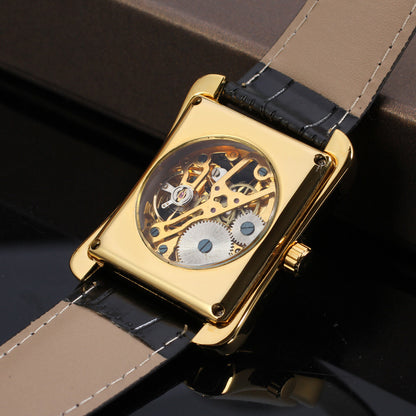Luxury Automatic Skeleton Watch for Men – Square Gold Mechanical Watch | No Battery, Premium Leather Strap
