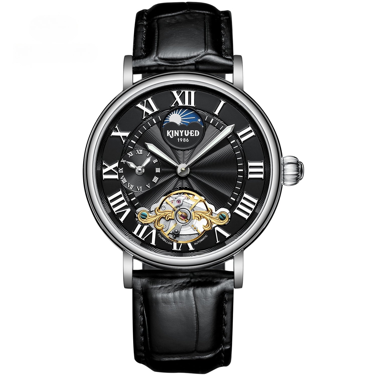 Luxury Automatic Mechanical Men’s Watch – Classic Skeleton Dial with Roman Numerals &amp; Leather Strap
