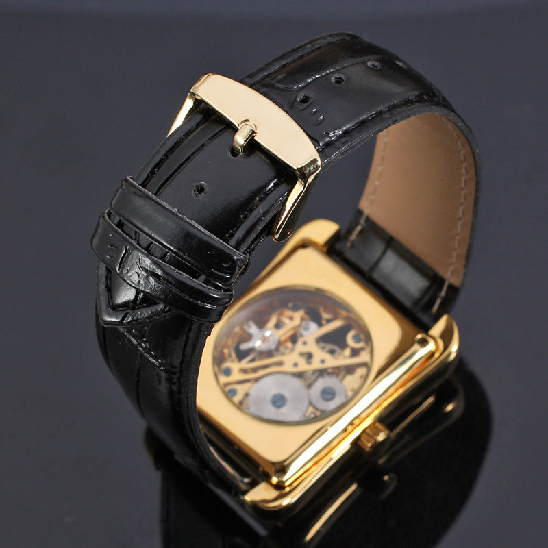 Luxury Automatic Skeleton Watch for Men – Square Gold Mechanical Watch | No Battery, Premium Leather Strap