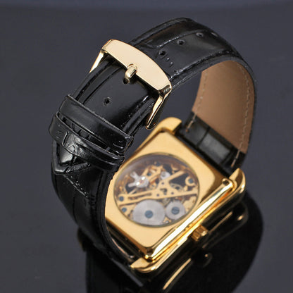 Luxury Automatic Skeleton Watch for Men – Square Gold Mechanical Watch | No Battery, Premium Leather Strap