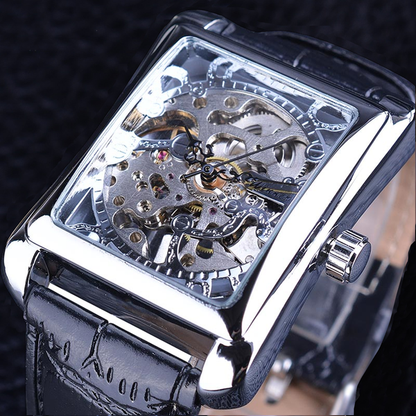 Luxury Automatic Skeleton Watch for Men – Square Gold Mechanical Watch | No Battery, Premium Leather Strap