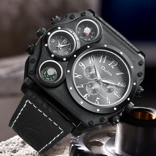 Luxury Mens Analog Quartz Sport Watch Leather Band Dual Time Zones Compass