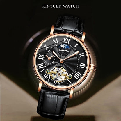Luxury Automatic Mechanical Men’s Watch – Classic Skeleton Dial with Roman Numerals &amp; Leather Strap