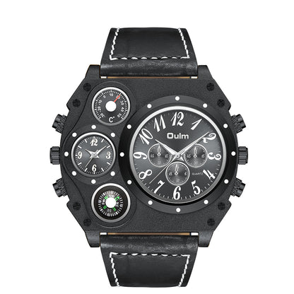 Luxury Mens Analog Quartz Sport Watch Leather Band Dual Time Zones Compass