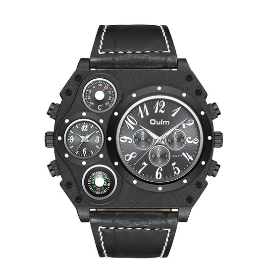 Luxury Mens Analog Quartz Sport Watch Leather Band Dual Time Zones Compass