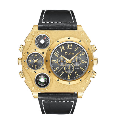 Luxury Mens Analog Quartz Sport Watch Leather Band Dual Time Zones Compass
