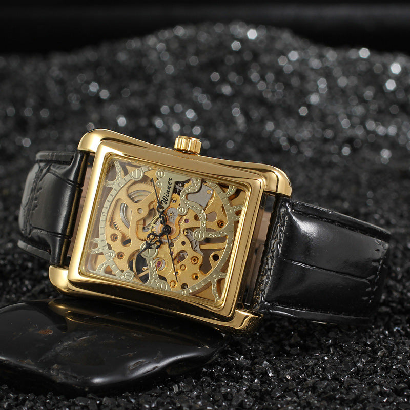 Luxury Automatic Skeleton Watch for Men – Square Gold Mechanical Watch | No Battery, Premium Leather Strap