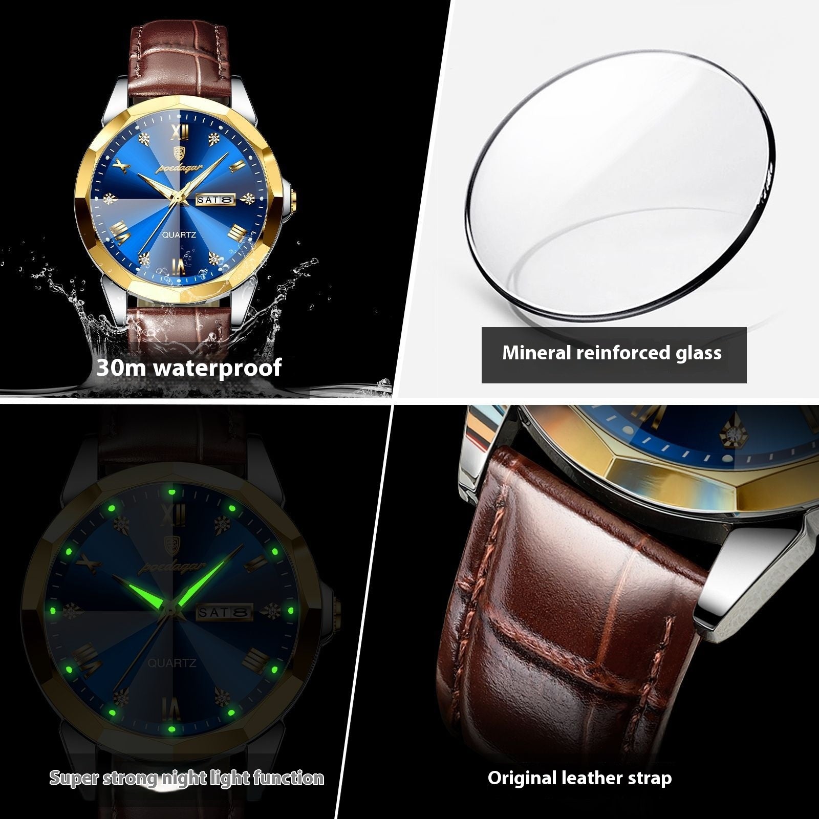 men's waterproof luminous quartz watch