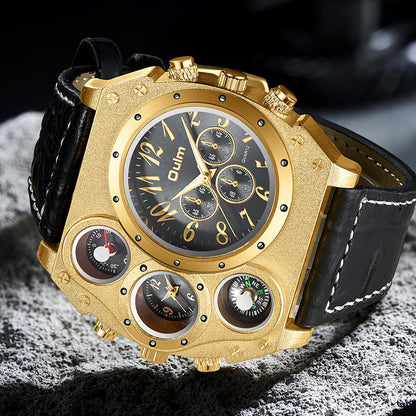 Luxury Mens Analog Quartz Sport Watch Leather Band Dual Time Zones Compass