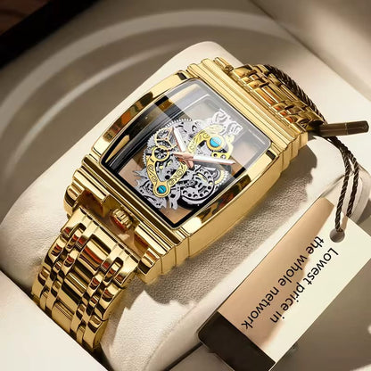 New Fashion Double Sided Hollowed Out Transparent Watch Men Luxury Gold Watches Full Steel