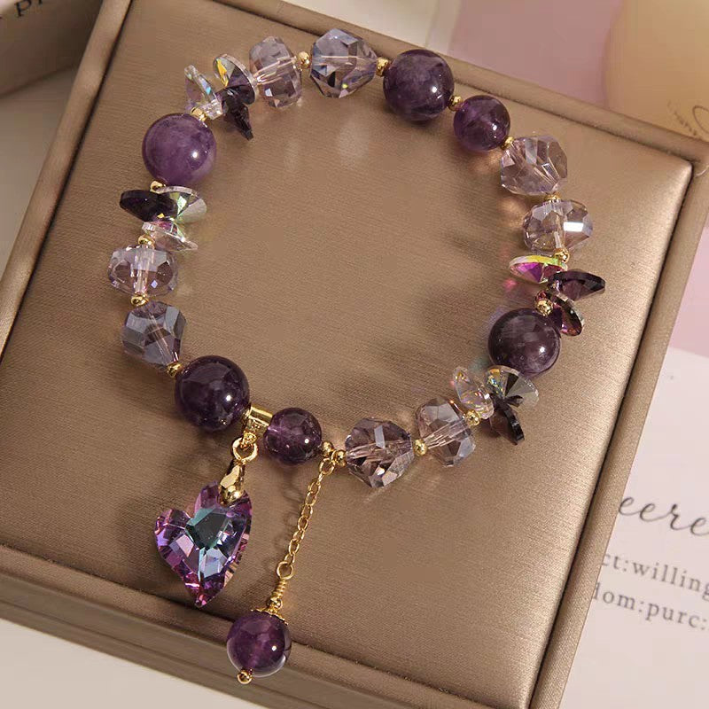 Purple Heart Crystal Bracelet Fashion Elegant Jewelry with heart-shaped amethyst gemstones and sparkling crystals.
