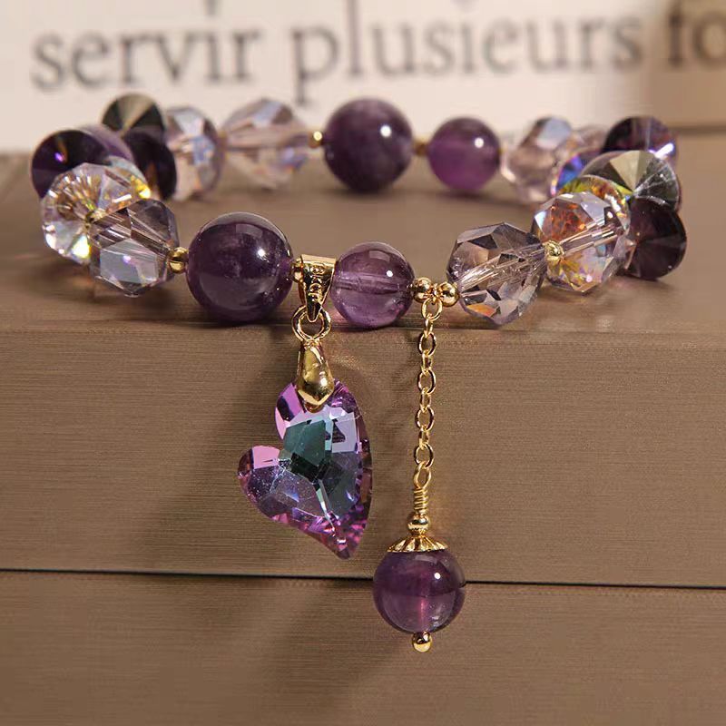 Purple Heart Crystal Bracelet Fashion Elegant Jewelry with amethyst and heart-shaped crystals in a stylish design.